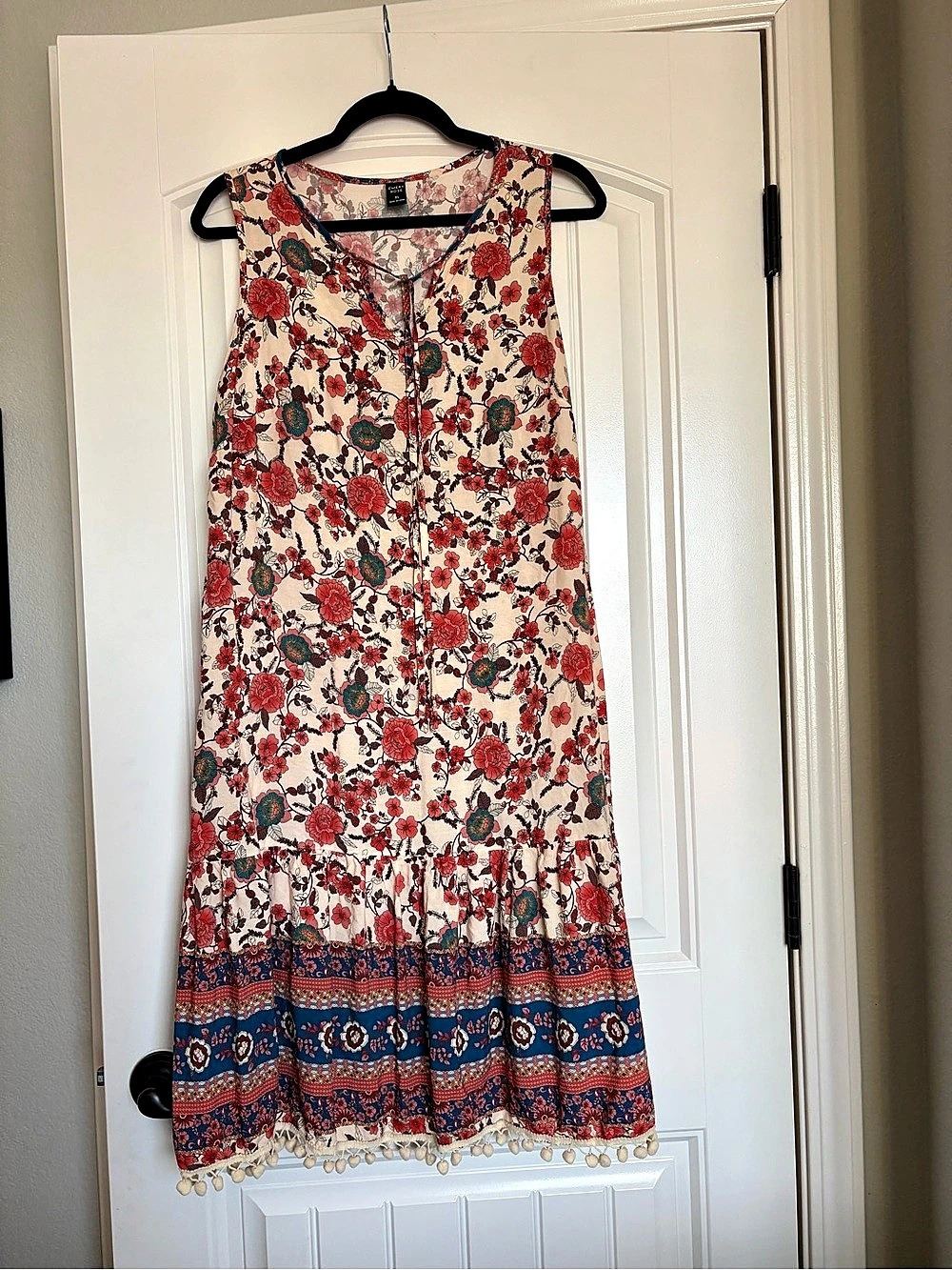 Emery Rose Floral Print Pom-Pom Trim Midi Dress Maxi Dress Red & Blue XL